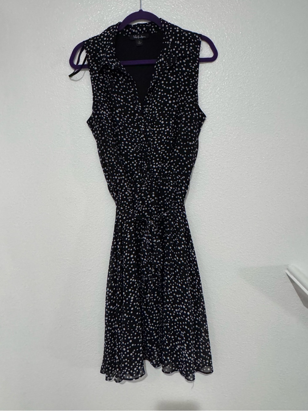 S.L. Fashions Black and White Polka Dot Sleeveless Midi Dress with Tie Waist